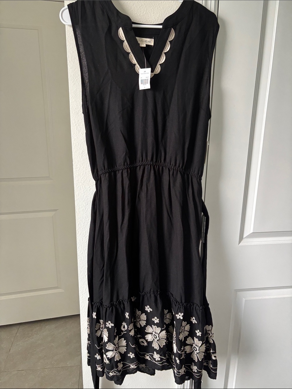 Black Sleeveless Midi Dress with Cream Embroidered Hem